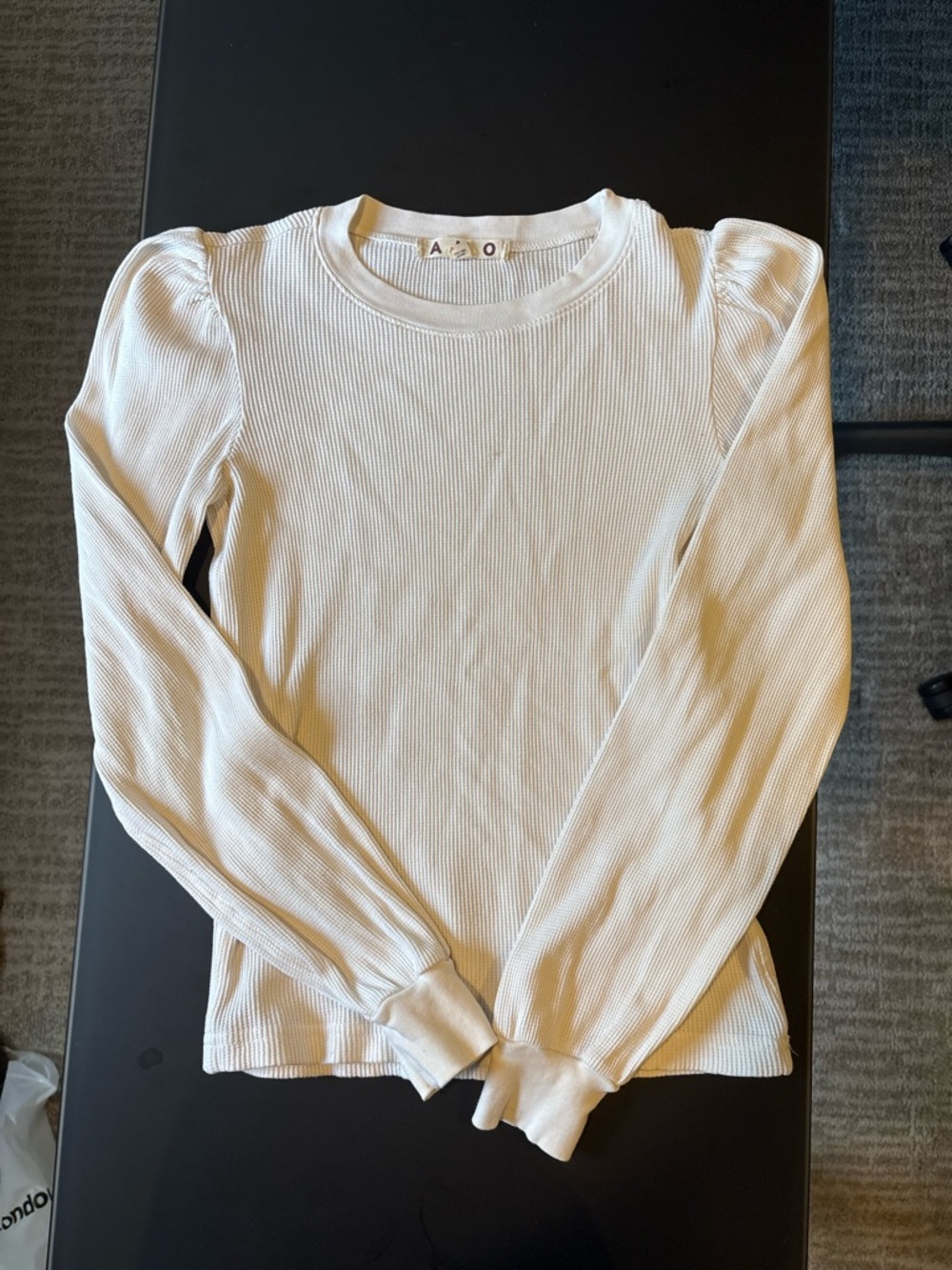 AMO Cream Ribbed Long-Sleeve Puff Shoulder Top